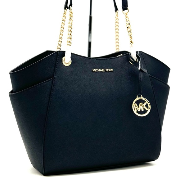 Michael Kors Jet Set Travel Large Chain Shoulder Tote Bag Black/Gold - Picture 4 of 12